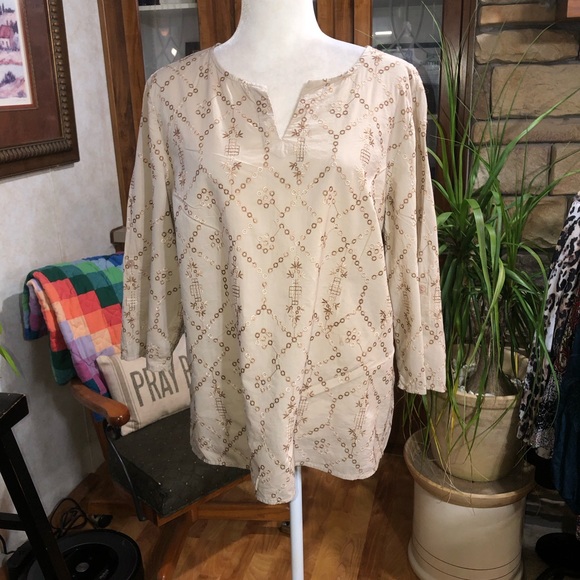 Chico's Tops - CHICOS SIZE 2 SIZE LARGE KHAKI COLORED V/NECK TOP 3/4 SLEEVE HEAVY EMBROIDERY